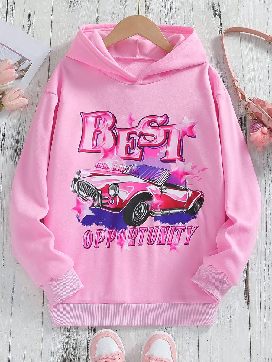 Teen Girl Car & Letter Graphic Drop Shoulder Sweatshirt - Pink - View 1