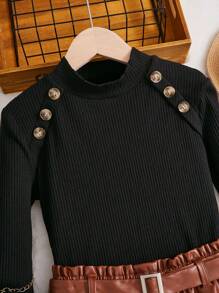 SHEIN 女童針織純色高領休閒上衣和編織純色 Pu 皮裙套裝 - 黑色 - 查看 3