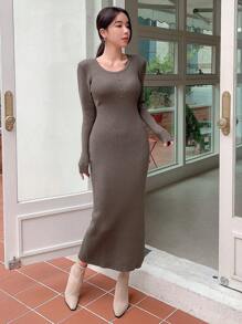 Dazy Star Vestido de punto unicolor tejido de canalé - Marrón - Ver 5