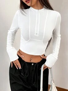 SHEIN EZwear 半拉鏈短款T恤 - 白色 - 查看 6