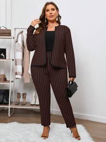 SHEIN Clasi Hơn In Houndstooth Mở Mặt trước Áo khoác & Quần - màu nâu - Xem 1