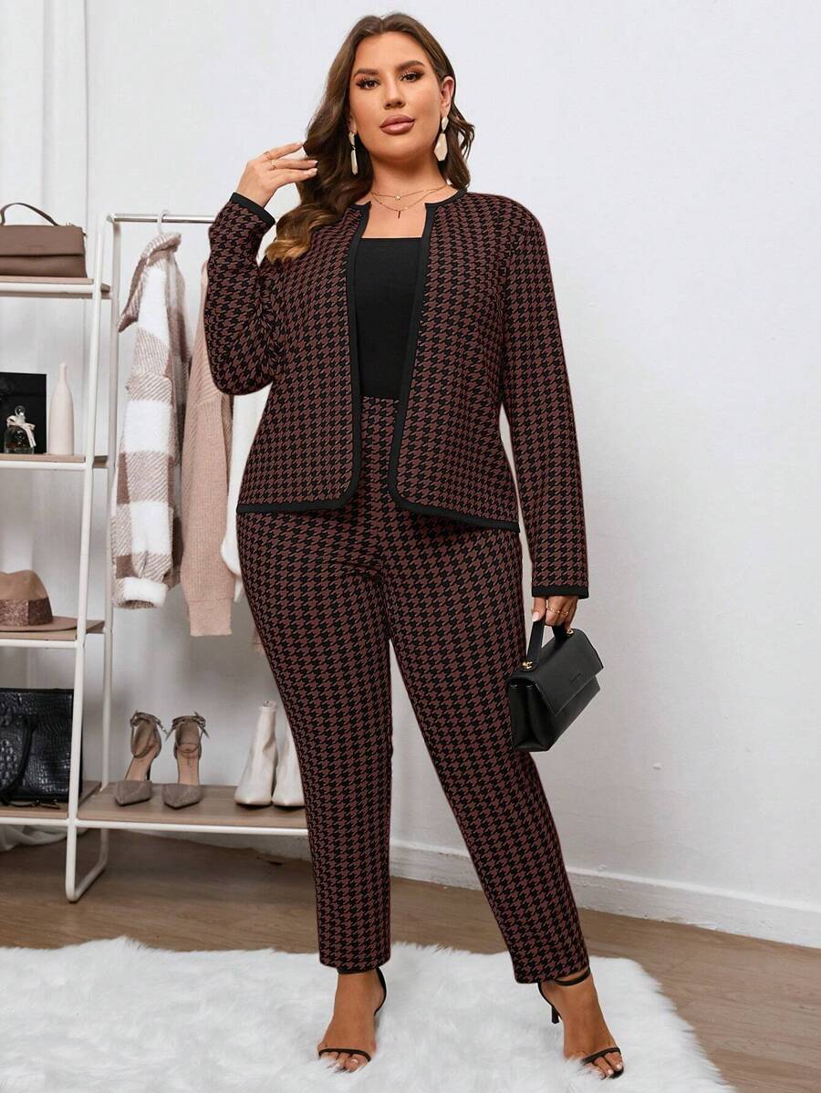 SHEIN Clasi Hơn In Houndstooth Mở Mặt trước Áo khoác & Quần - màu nâu - Xem 1