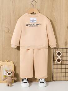 SHEIN Bebé niño Pantalones deportivos con sudadera con parche de letra - Albaricoque - Ver 2