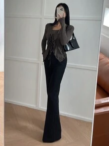 DAZY Top de tirantes sólido y chaqueta con volantes y lazo delantero, conjunto de dos piezas para mujer, conjunto de ropa de estar en casa para mujeres - Gris - Ver 3
