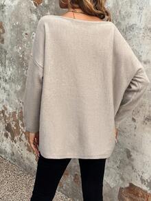 SHEIN Frenchy Boat Neck Drop Shoulder Sweater - Khaki - View 2