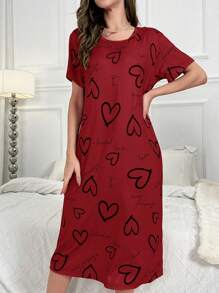 Heart & Letter Graphic Pajama Nightdress, Moo Moo Sleep Dress - Burgundy - View 5