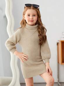 SHEIN Nhỏ bé Cô gái Màu thuần Cổ áo cao Tay áo lồng đèn Đầm Áo len ( Thắt lưng Không bao gồm ) - Màu be - Xem 4