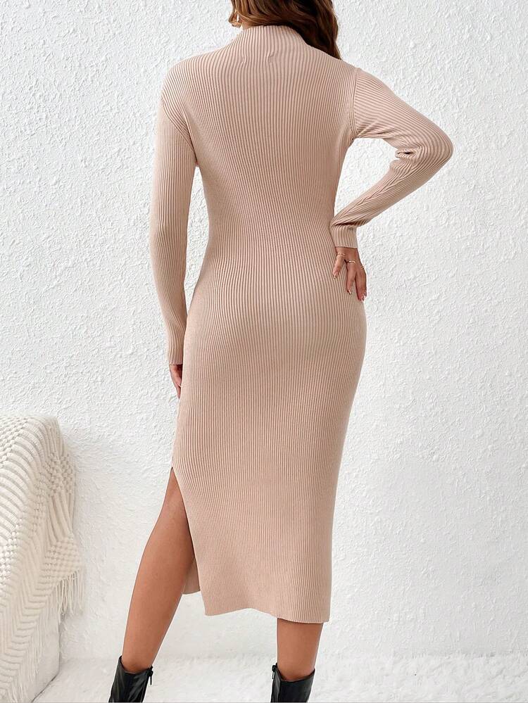Solid Color Half-high Collar Split Hem Sweater Dress Without Waist Belt