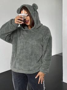 SHEIN EZwear Áo nỉ flannel cỡ lớn kiểu vai rớt, thiết kế tai 3D - Xám - Xem 1