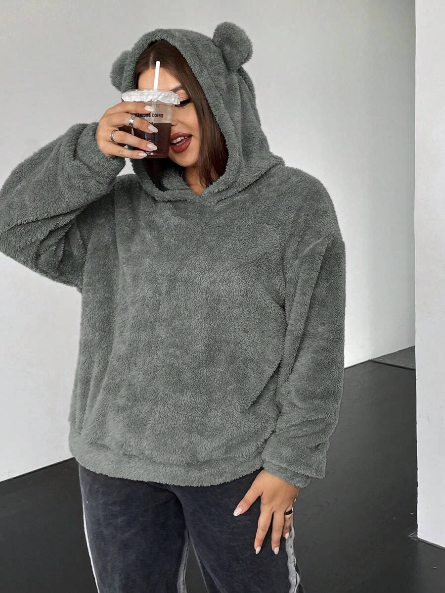 SHEIN EZwear Áo nỉ flannel cỡ lớn kiểu vai rớt, thiết kế tai 3D - Xám - Xem 1