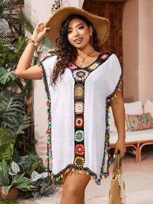 SHEIN Swim Curve Summer Beach Plus Floral Crochet Tassel Trim Cover Up - White - View 5