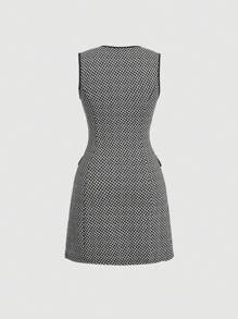 SHEIN MOD Houndstooth Print Button Flap Detail Dress - Black and White - View 2