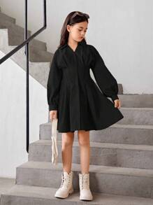 SHEIN Leap Crew 女大童素色燈籠袖褶皺細節襯衫洋裝 - 黑色 - 查看 8