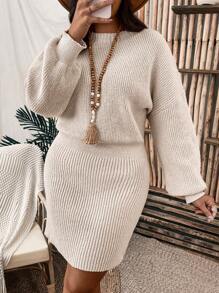 SHEIN LUNE 大碼落肩袖毛衣洋裝 - 杏色 - 查看 4