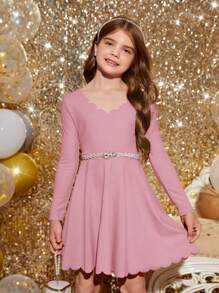 SHEIN Tween Girl Solid Color Long Sleeve Arc Hem Dress Without Belt, Suitable For Spring And Autumn - Baby Pink - View 3