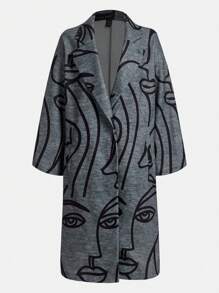 SHEIN LUNE Figure Graphic Lapel Neck Open Front Overcoat