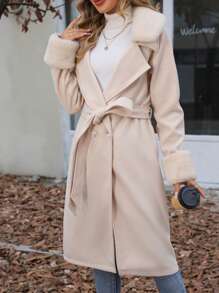 SHEIN Essnce Borg Collar Fuzzy Cuff Belted Overcoat - Beige - View 4