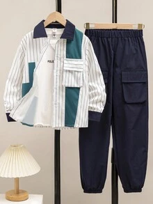 SHEIN Cậu bé Tween In sọc Túi có nắp Áo sơ mi & Quần Without Tee - Màu xanh lam - Xem 3