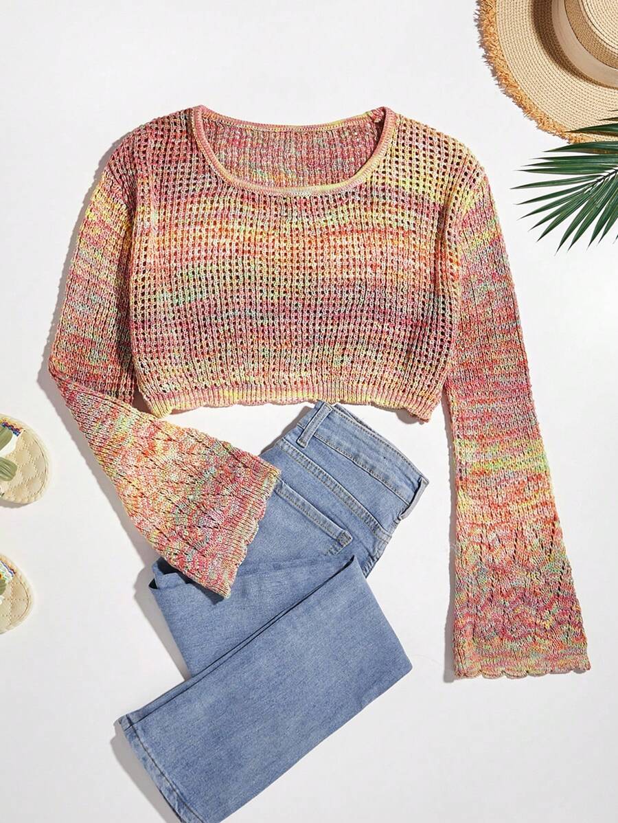 Soleia Thuốc nhuộm Không gian Tay áo loe Áo len Crop - Bụi hồng - Xem 1