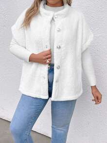 SHEIN LUNE Plus 1pc Batwing Sleeve Button Front Teddy Coat - White - View 5