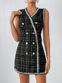 SHEIN Privé Plaid Pattern Raw Trim Double Breasted Dress - Black - View 4