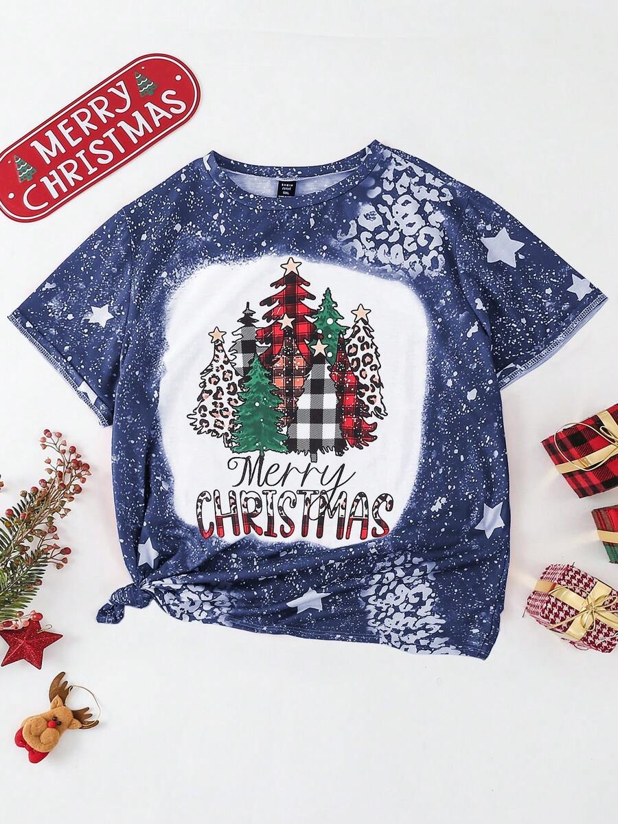 Kích thước lớn Mẫu giáng sinh Vòng cổ Áo chui đầu Áo thun - Màu xanh lam - Xem 1