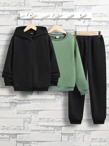 SHEIN 3 件組寬鬆男孩休閒衛衣套裝 - 圓領套頭衫、連帽衫、慢跑褲 - 彩色 - 查看 1