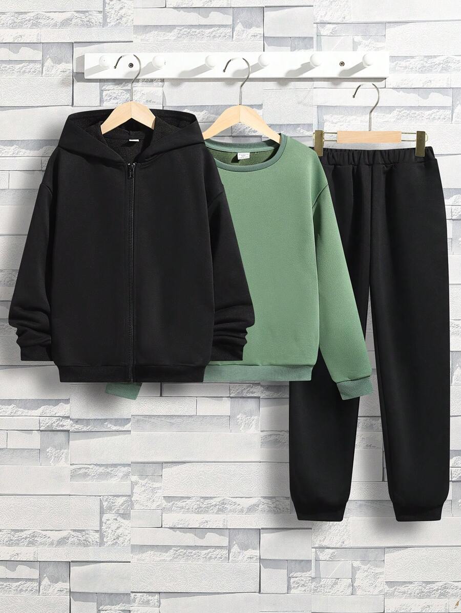 SHEIN 3 件組寬鬆男孩休閒衛衣套裝 - 圓領套頭衫、連帽衫、慢跑褲 - 彩色 - 查看 1