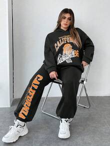 SHEIN Coolane Plus Letter Graphic Drop Shoulder Hoodie & Sweatpants - Black - View 7