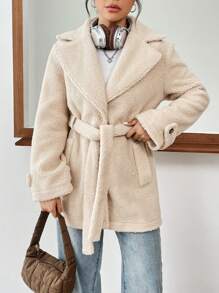 Muchica Cổ áo Thắt lưng Áo khoác Teddy - Màu be - Xem 6