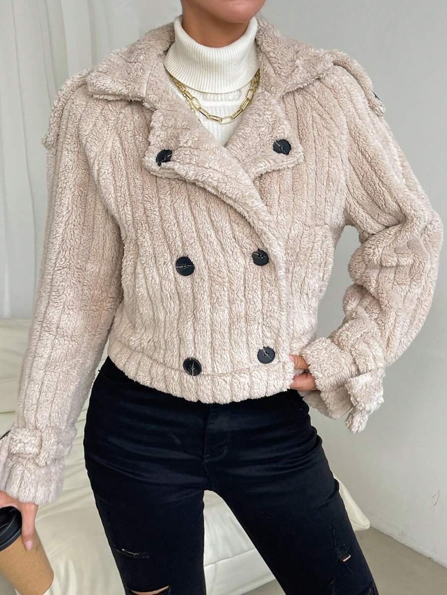 SHEIN LUNE Cổ áo Tay Raglan Áo Teddy Jackets - Màu Khaki - Xem 1