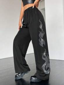 SHEIN Coolane 火焰圖案水鑽點綴長款長褲 - 黑色 - 查看 1