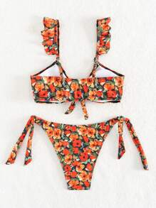 SHEIN Swim 夏季海灘隨機花卉印花荷葉邊比基尼套裝，嘉年華會 - 彩色 - 查看 4