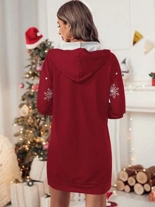 SHEIN LUNE 聖誕圖案落肩袖連帽衛衣裙 - 酒紅色 - 查看 2