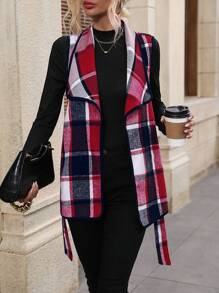 Chiquease Plaid Print Belted Vest Coat & Tee - Red - View 6