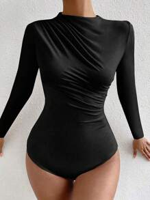 Chiquease Women's Stand Collar Ruched Bodysuit Fall Cloth For Women - Black - View 4