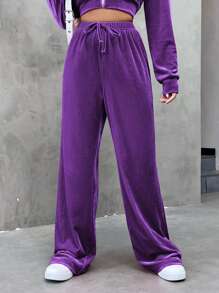 SHEIN Essnce Eo đàn hồi Tie Trước quần ống rộng Quần thể thao - Màu tím - Xem 6