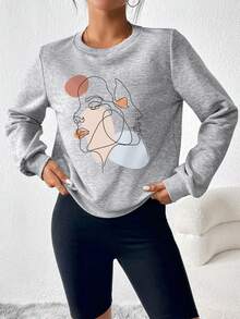 SHEIN Essnce Figure Graphic Round Neck Sweatshirt - Light Grey - View 4