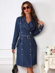 SHEIN Privé 女士牛仔連身裙 - 深色水洗藍 - 查看 4