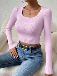 SHEIN Essnce Scoop Cổ Đồ đan Ribbed Áo len Crop - Màu tím hoa cà - Xem 7