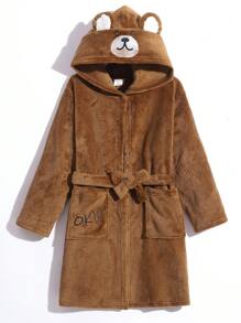 SHEIN 男童小熊刺繡抓絨連帽休閒家居服 - 卡其色 - 查看 1