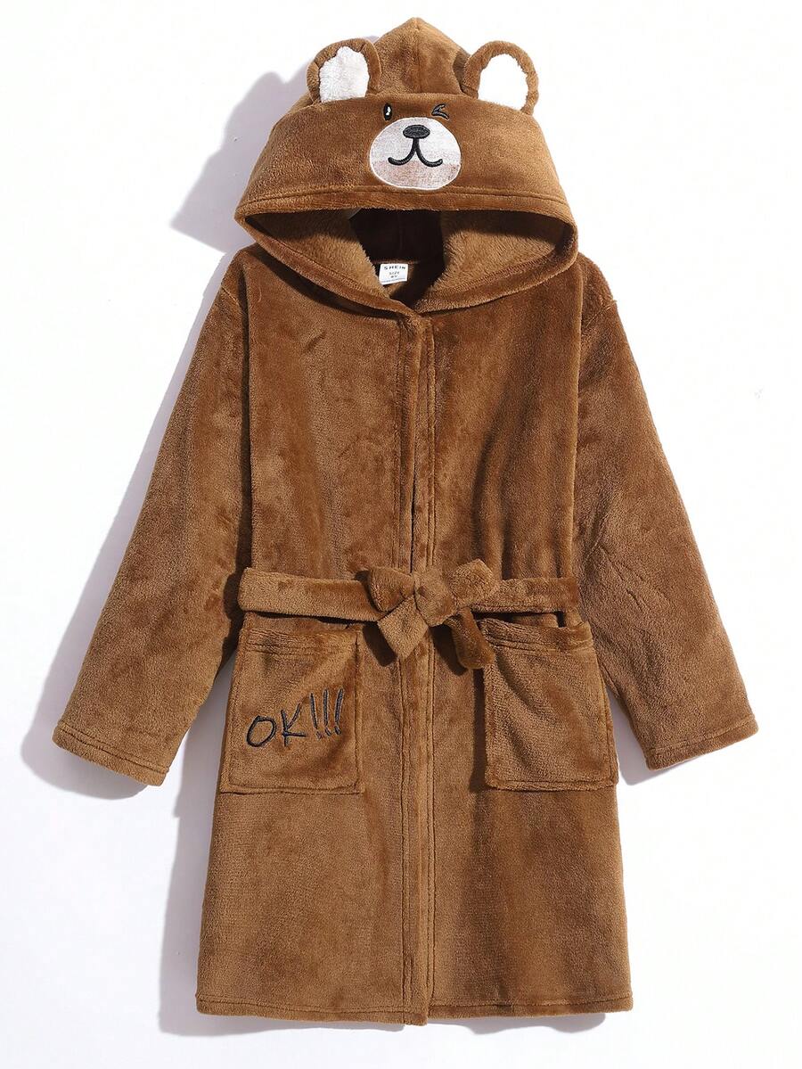 SHEIN 男童小熊刺繡抓絨連帽休閒家居服 - 卡其色 - 查看 1
