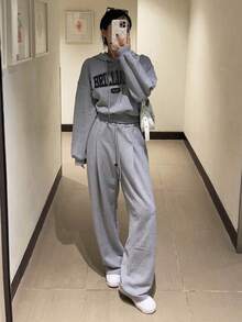 DAZY Letter Graphic Drop Shoulder Hoodie & Drawstring Waist Sweatpants - Grey - View 3