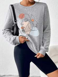SHEIN Essnce Figure Graphic Round Neck Sweatshirt - Light Grey - View 5