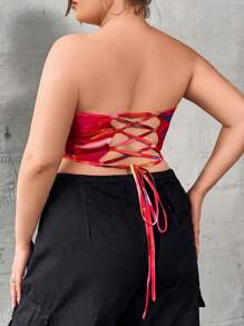 Flirla Talla grande Top tubo crop con estampado de dibujo de espalda abierta con cordón