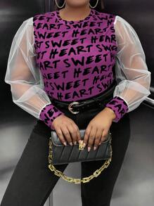 Maweii Camiseta De Manga De Malla Con Monograma En Talla Grande - Morado - Ver 1