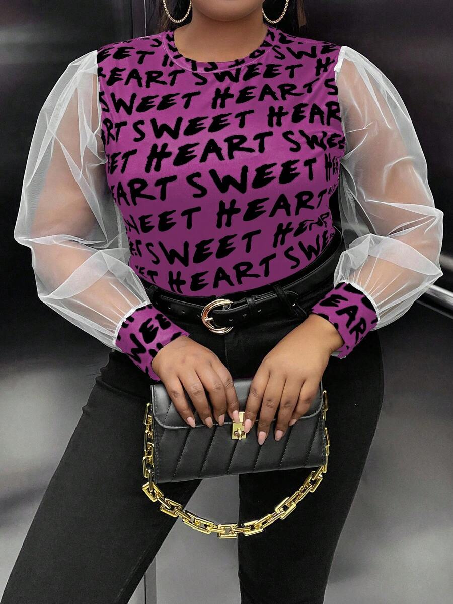 Maweii Camiseta De Manga De Malla Con Monograma En Talla Grande - Morado - Ver 1