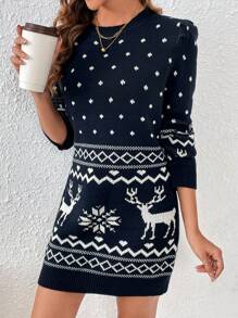 SHEIN LUNE Christmas Pattern Puff Sleeve Sweater Dress - Royal Blue - View 4