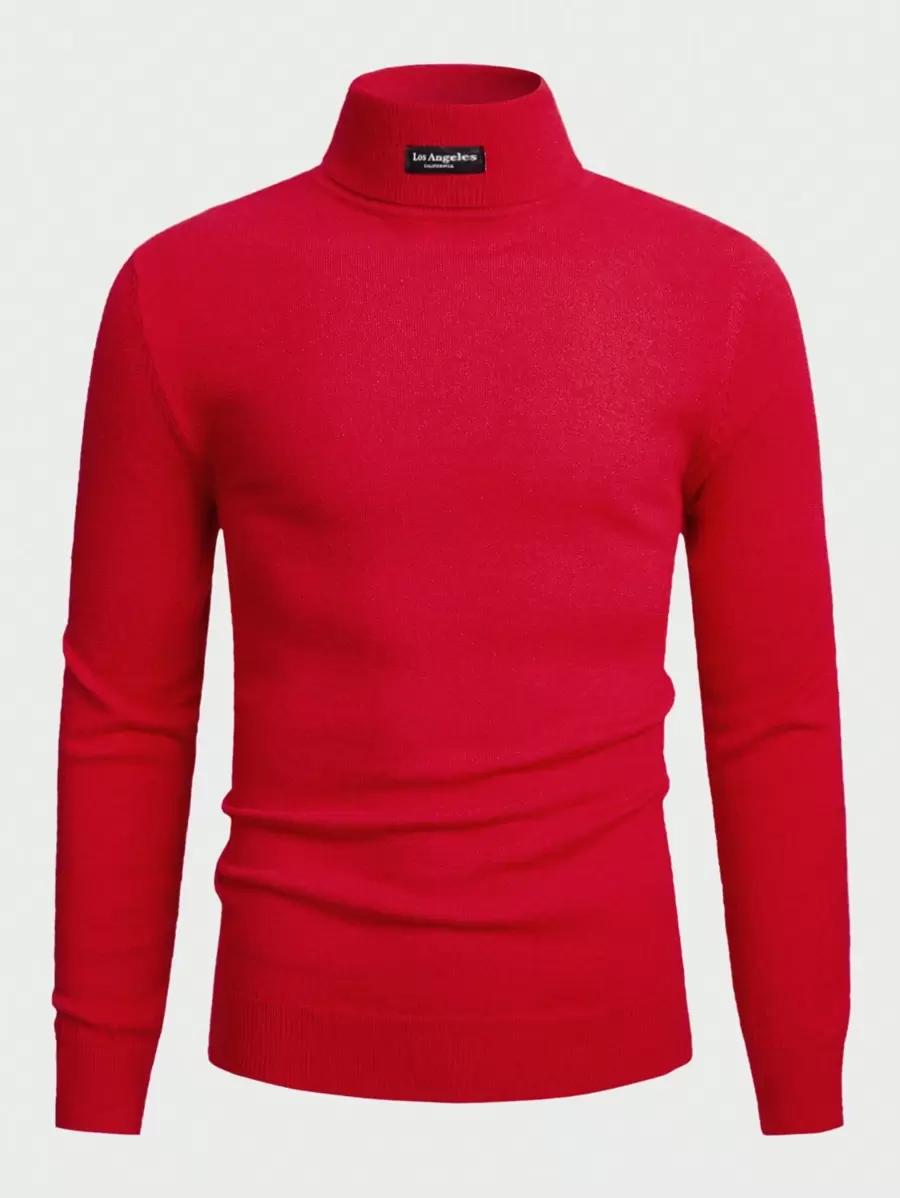 GENTILAND Men Letter Patched Detail Turtleneck Sweater - Red - View 1