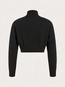 SHEIN EZwear 字母圖案側條紋半拉鏈短款毛衣 - 黑與白 - 查看 2